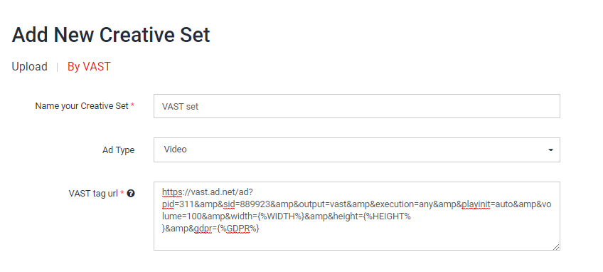 VAST creative set creation